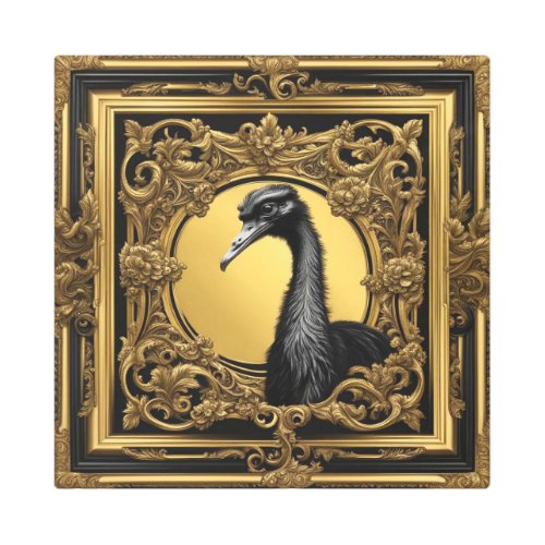 Ostrich gold ornamental frame metal print