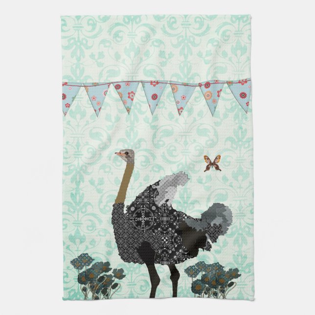 Ostrich Misty Blue Day Kitchen Towel (Vertical)
