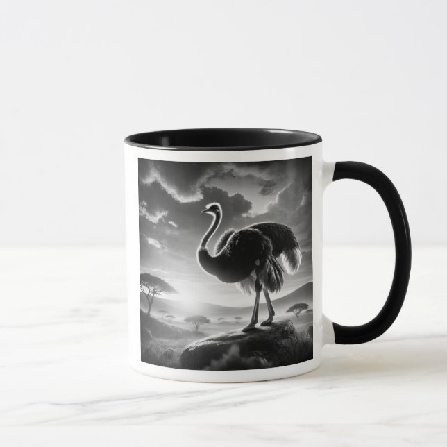 Ostrich on a savanna rock. mug (Right)