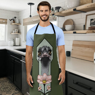 Ostrich Pink Flowers Olive Green Art Deco Apron