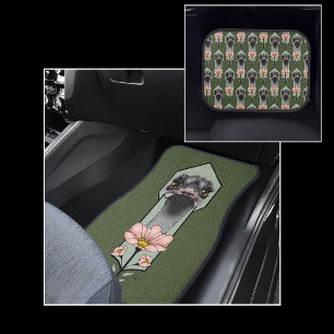 Ostrich Pink  Flowers Olive Green Art Deco  Car Floor Mat