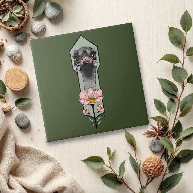 Ostrich Pink  Flowers Olive Green Art Deco  Ceramic Tile (Creator Uploaded)