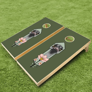 Ostrich Pink Flowers Olive Green Art Deco Cornhole Set