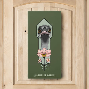 Ostrich Pink Flowers Olive Green Art Deco Door Sign