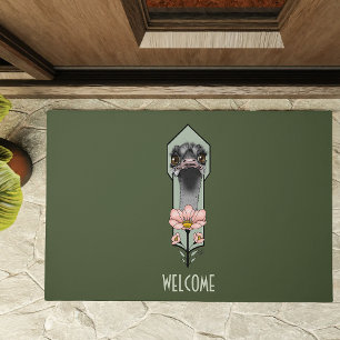 Ostrich Pink Flowers Olive Green Art Deco Doormat
