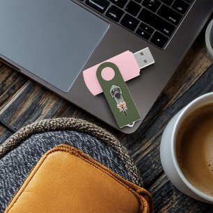 Ostrich Pink  Flowers Olive Green Art Deco  Flash Drive