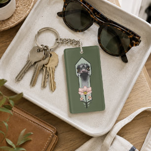 Ostrich Pink Flowers Olive Green Art Deco Keychain