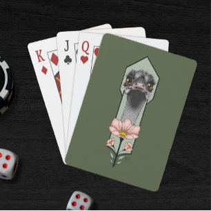 Ostrich Pink Flowers Olive Green Art Deco Poker Cards