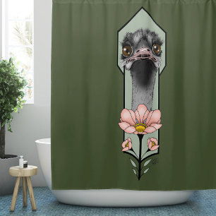 Ostrich Pink Flowers Olive Green Art Deco Shower Curtain