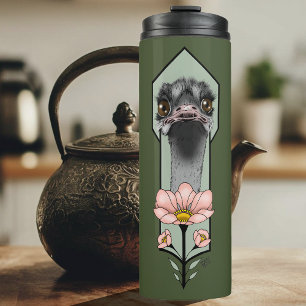 Ostrich Pink Flowers Olive Green Art Deco Thermal Tumbler