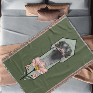 Ostrich Pink  Flowers Olive Green Art Deco  Throw Blanket