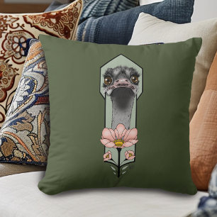 Ostrich Pink  Flowers Olive Green Art Deco  Throw Pillow