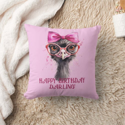 Ostrich Red Bow Birthday Throw Pillow