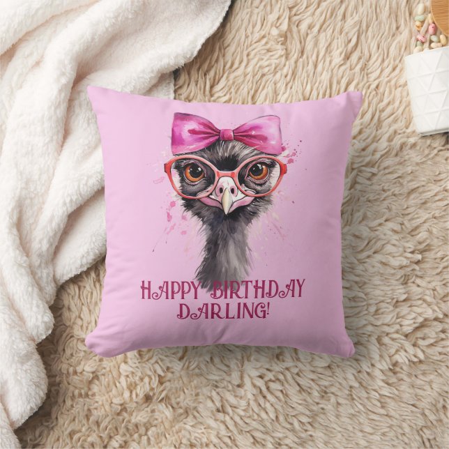 Ostrich Red Bow Birthday Throw Pillow (Blanket)