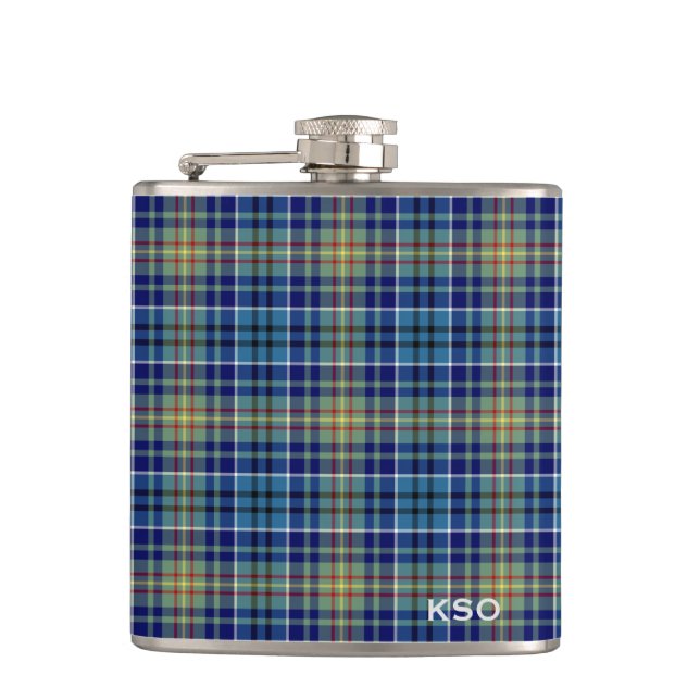 O'Sullivan Tartan Monogram Blue and Green Plaid Flask (Front)