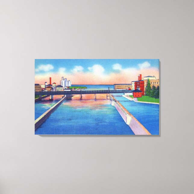 Oswego River View of Canal Locks & Harbor Canvas Print (Front)