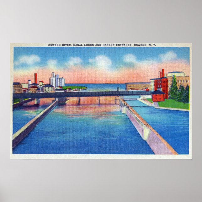 Oswego River View of Canal Locks & Harbor Poster (Front)
