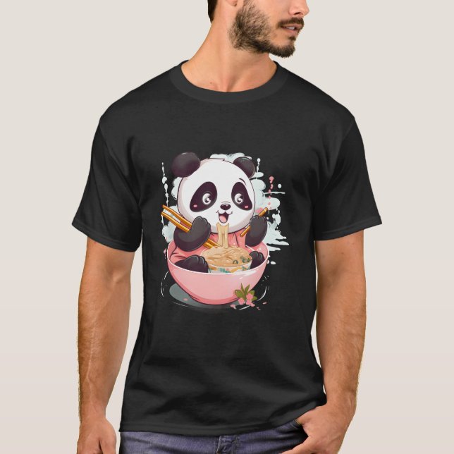 Otaku Kawaii Anime Panda Eat Japanese Ramen Noodle T-Shirt (Front)