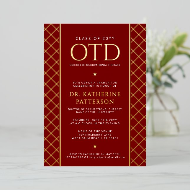 OTD Doctor of Occupational Therapy Graduation Foil Invitation (Standing Front)