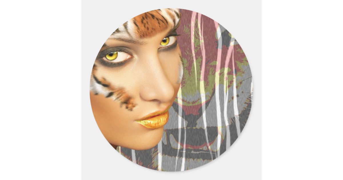 Otherkin Tiger Female Therian art, stunning makeup Classic Round Sticker