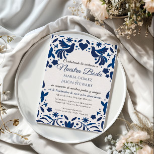 Otomi Blue Floral Elegant Fiesta Spanish Wedding Invitation