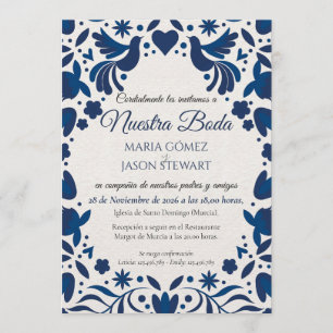 Otomi Blue Floral Elegant Fiesta Spanish Wedding Invitation