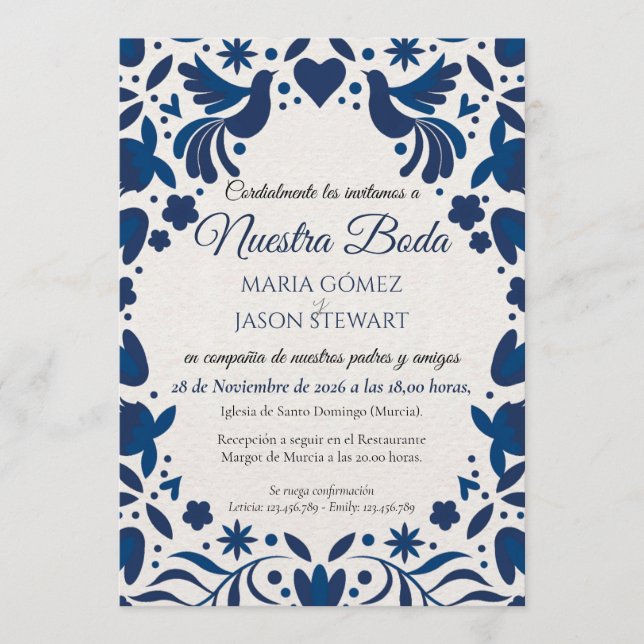 Otomi Blue Floral Elegant Fiesta Spanish Wedding Invitation (Front)
