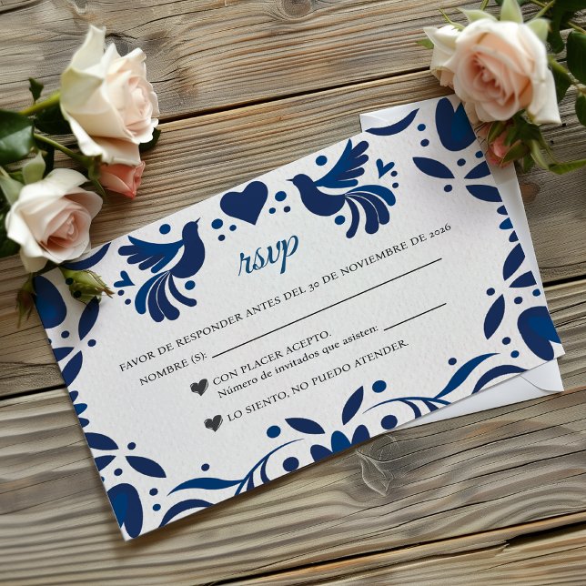Otomi Blue Floral Elegant Fiesta Spanish Wedding RSVP Card (Otomi Blue Floral Elegant Fiesta Spanish Wedding RSVP Card)