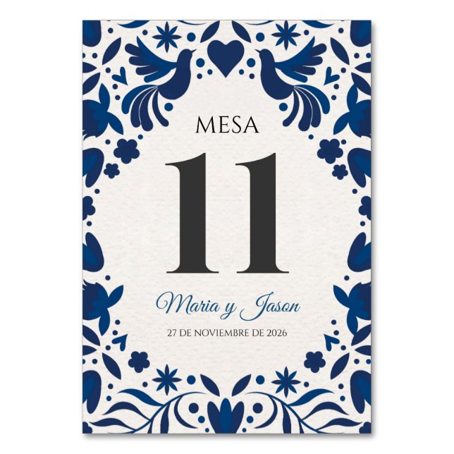 Otomi Blue Floral Elegant Fiesta Spanish Wedding Table Number (Front)
