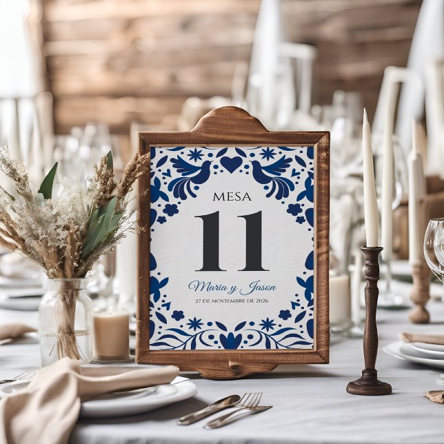 Otomi Blue Floral Elegant Fiesta Spanish Wedding Table Number (Otomi Blue Floral Elegant Fiesta Spanish Wedding Table Number)