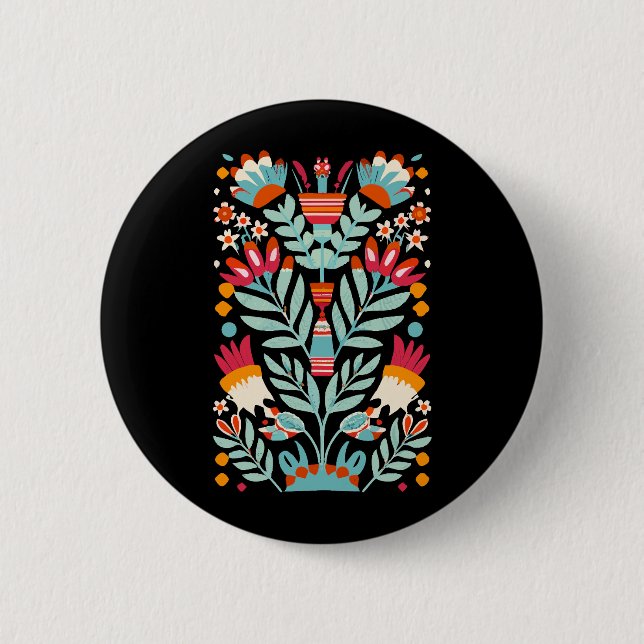 Otomi Flower Pattern Mexican Floral Art Button (Front)