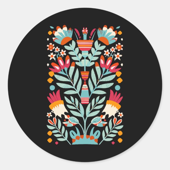 Otomi Flower Pattern Mexican Floral Art Classic Round Sticker (Front)