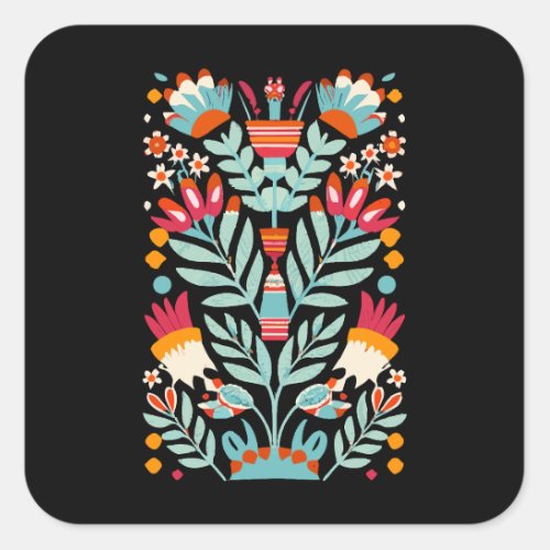 Otomi Flower Pattern Mexican Floral Art Square Sticker
