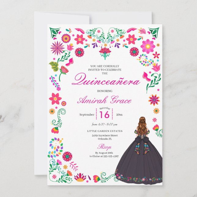 Otomi Mexican Embroidery Quinceañera Invitation (Front)