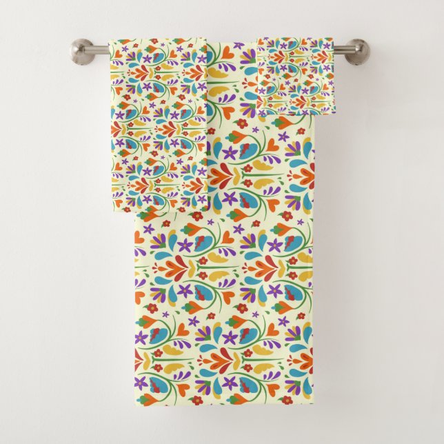 Otomi Mexican Summer Flower Pattern Gift cute Bath Towel Set (Insitu)