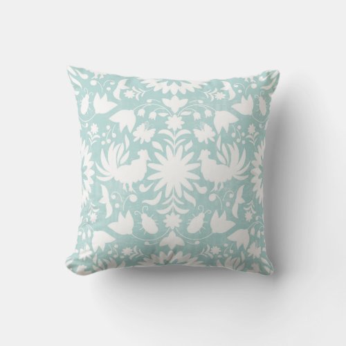 Otomi Print Aqua  White Boho Throw Pillow