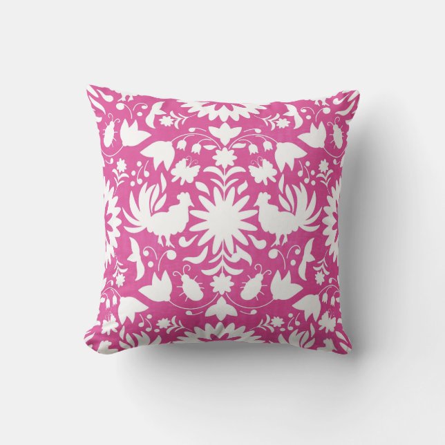 Otomi Print, Bright Pink & White Boho Throw Pillow (Front)