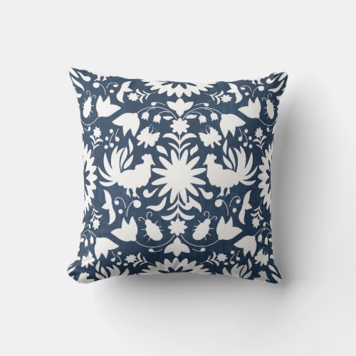 Otomi Print Navy Blue  White Boho Throw Pillow