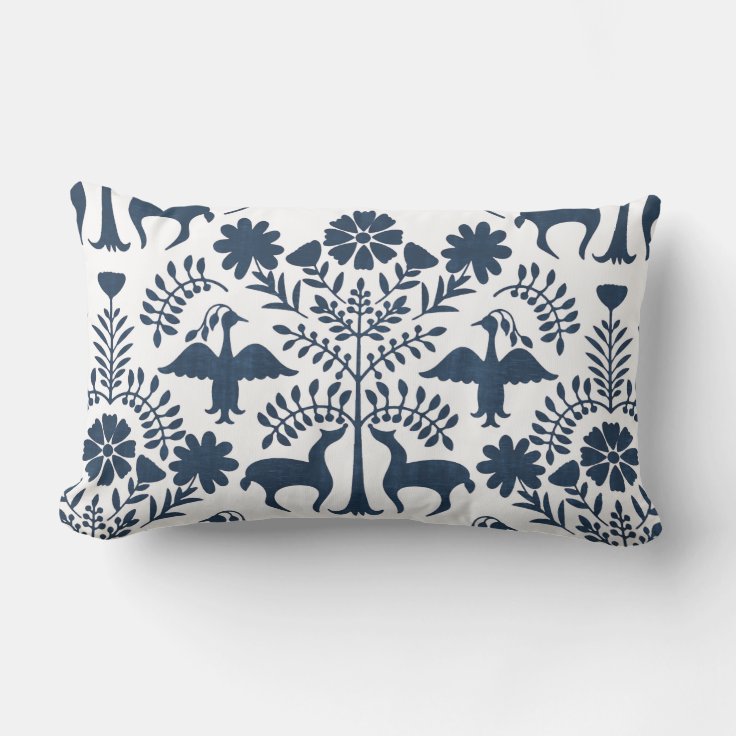 Otomi Print, White & Navy Blue Boho Throw Pillow Zazzle
