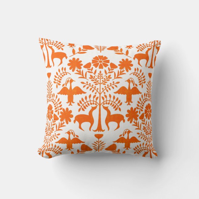 Otomi Print, White & Orange Boho Throw Pillow (Front)