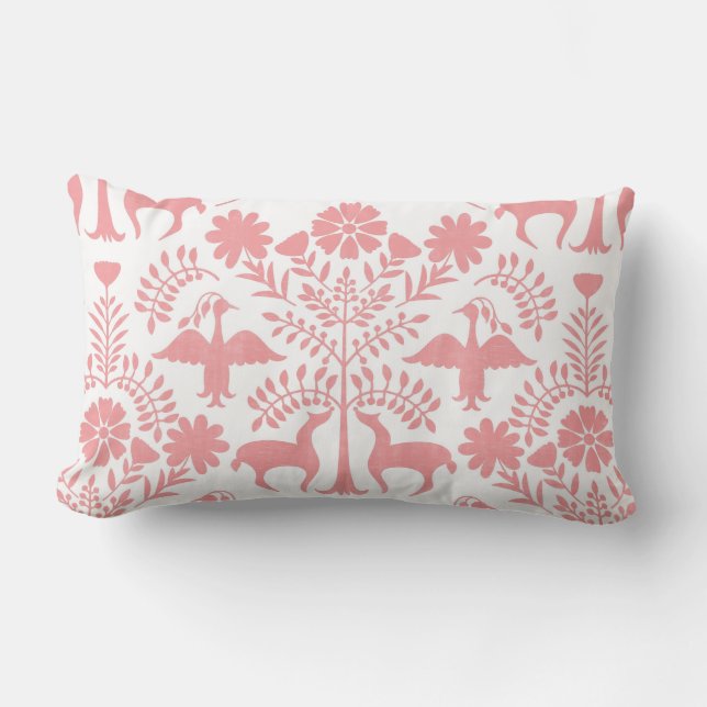 Otomi Print, White & Pastel Pink Boho Throw Pillow (Front)