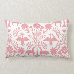 Otomi Print, White & Pastel Pink Boho Throw Pillow