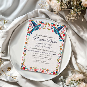 Otomi Tenangos Colorful Floral Spanish Wedding Invitation