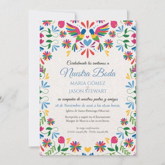 Otomi Tenangos Colorful Floral Spanish Wedding Invitation (Front)