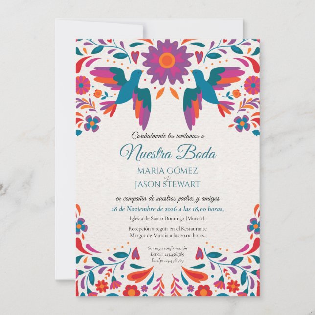 Otomi Tenangos Colorful Folk Art Spanish Wedding Invitation (Front)