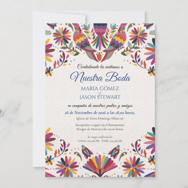 Otomi Tenangos Folk Art Floral Spanish Wedding Invitation (Front)