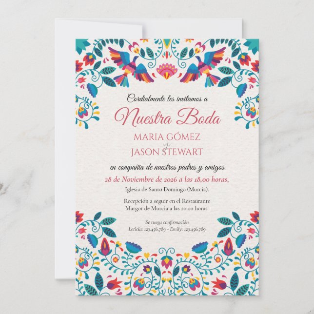 Otomi Tenangos Romantic Elegant Spanish Wedding Invitation (Front)