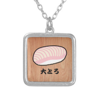 Otoro Maguro Sushi (Fatty Tuna) on Wood Silver Plated Necklace