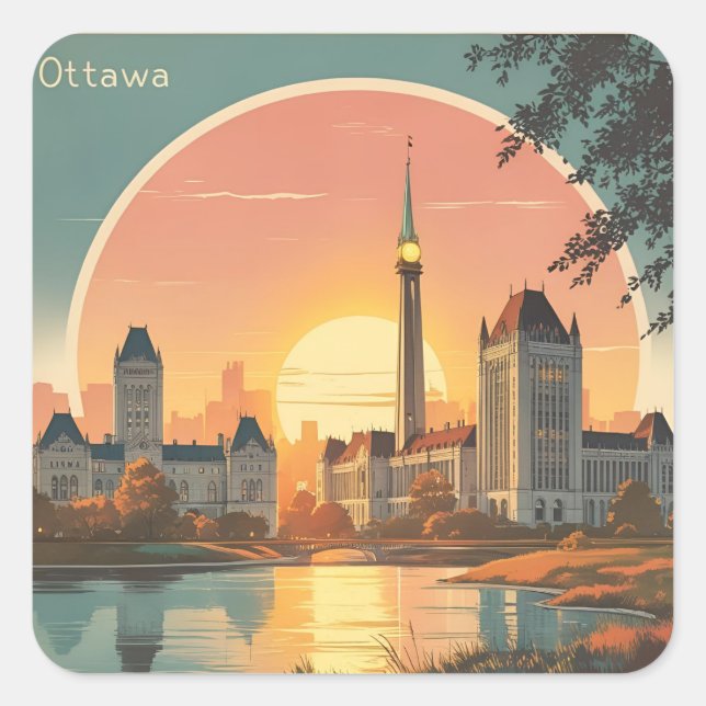 Ottawa Canada Skyline –Bold Retro Sunset Cityscape Square Sticker (Front)
