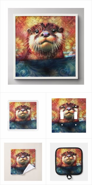 Otter Abstract Floral Teal Orange Red Brown Otters